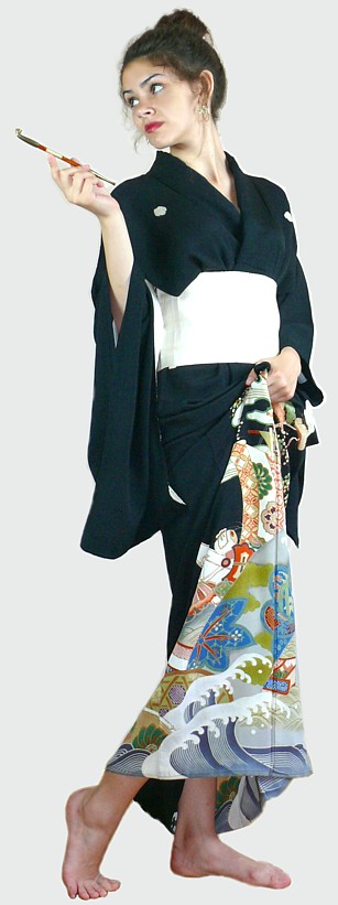 кимоно гейши, шелк, ручная роспись, 1890-е гг., эпоха Мэйдзи