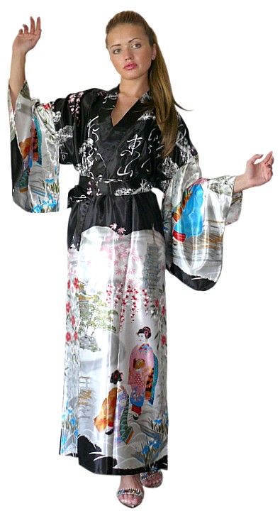 японский халат-кимоно из иск. шелка КИОТО, цвет черный