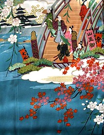 шелковое японское кимоно Эдогава, бирюзовое