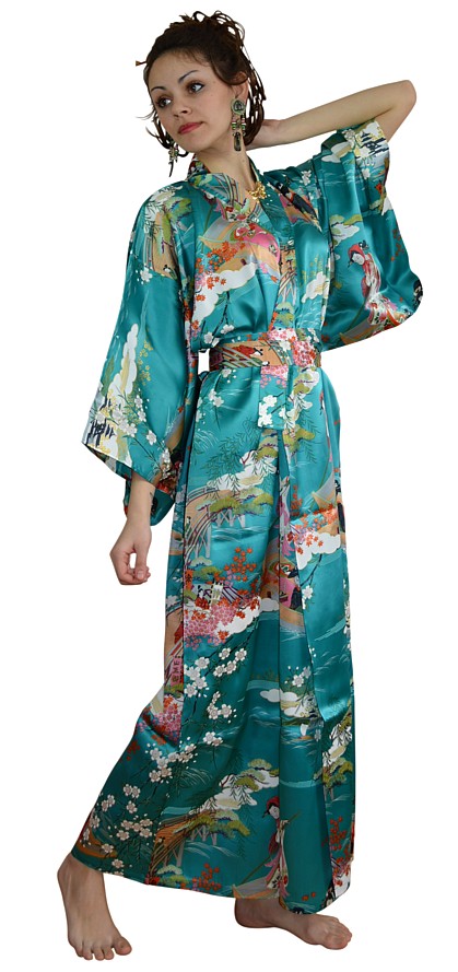 японское шелковое кимоно, бирюзовое